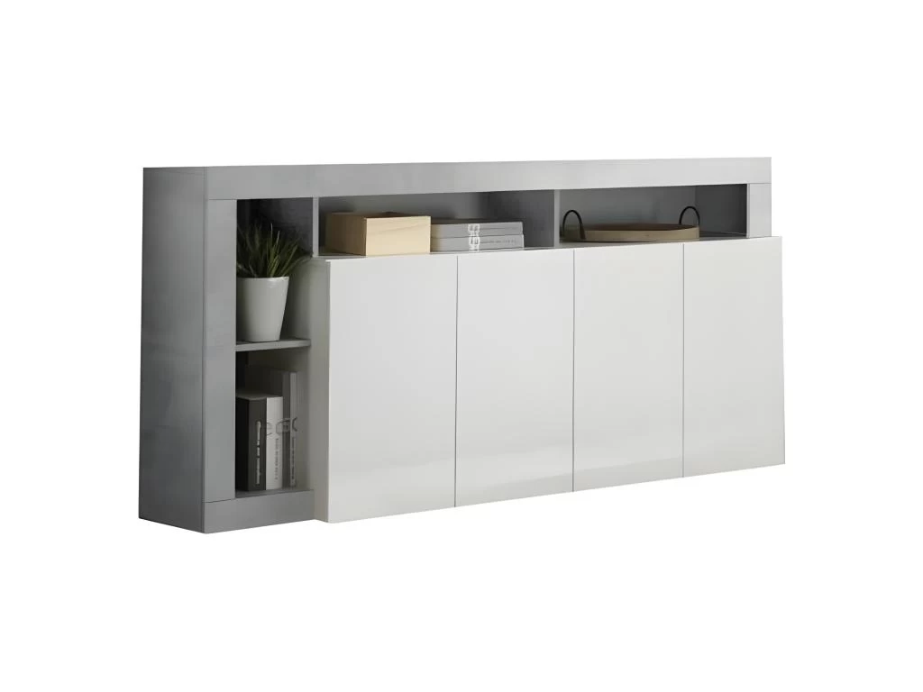 Buffet MAESTRO - Décor Béton Et Blanc Laqué Brillant - 4 Portes - L 184 X P 42 X H 93 Cm 3 Buffet MAESTRO - Décor Béton Et Blanc Laqué Brillant - 4 Portes - L 184 X P 42 X H 93 Cm