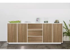 Placard Dnast, Buffet De Cuisine Avec 4 Portes Et 3 Tiroirs, Buffet De Salon, 100% Made In Italy, 220x41h86 Cm, Blanc Brillant Et Noyer -Magasin de meubles de restaurant buffet 22846739