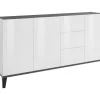 Placard Dlong, Buffet De Cuisine Avec 3 Portes Et 3 Tiroirs, Buffet De Salon, 100% Made In Italy, Cm 160x40h82, Blanc Brillant Et Ardoise -Magasin de meubles de restaurant buffet 22846801