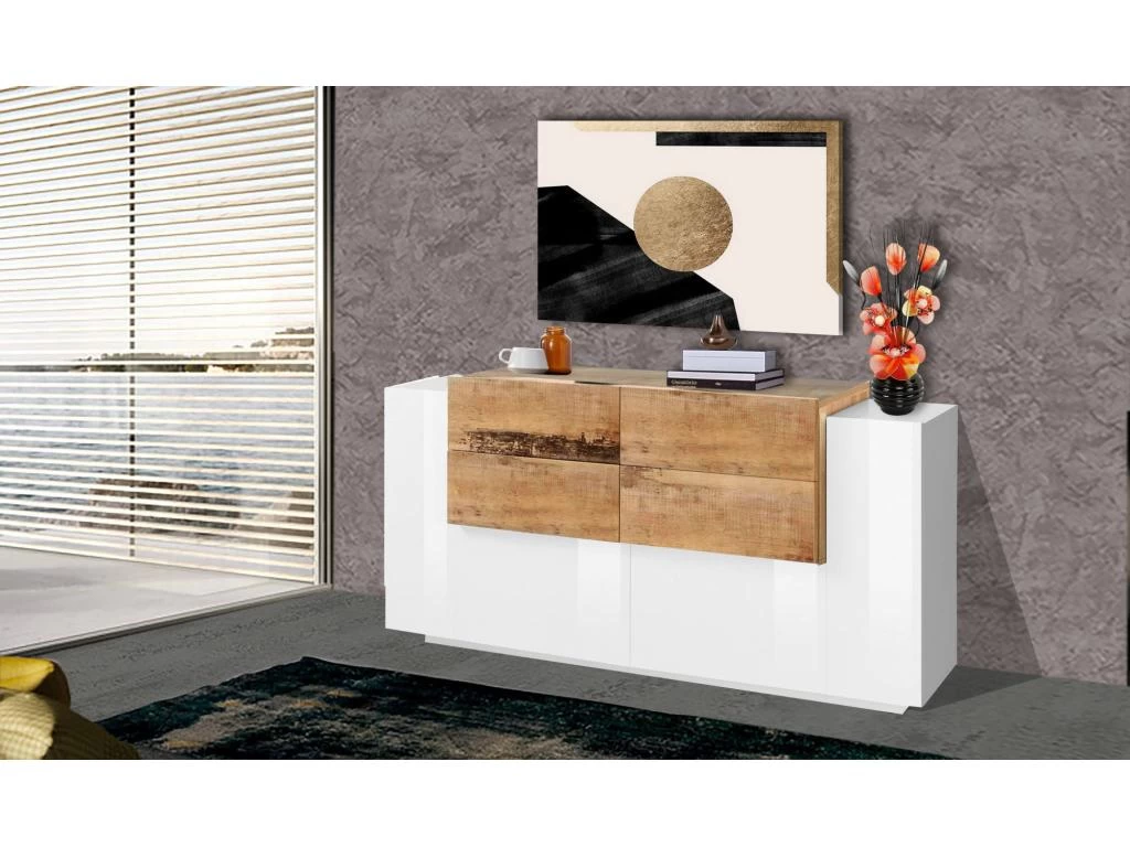 Placard Daas, Buffet De Cuisine Avec 2 Portes Et 4 Tiroirs, Buffet De Salon, Buffet De Cuisine, 100% Made In Italy, Cm 160x45h86, Blanc Brillant Et Érable 4 Placard Daas, Buffet De Cuisine Avec 2 Portes Et 4 Tiroirs, Buffet De Salon, Buffet De Cuisine, 100% Made In Italy, Cm 160x45h86, Blanc Brillant Et Érable – Image 2