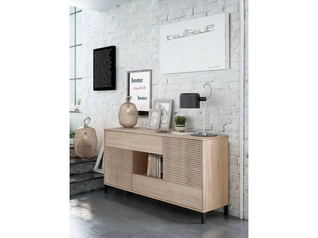 Buffet Haut Dndo, Buffet Moderne à 2 Portes, Buffet Du Salon, Meuble TV, Buffet Avec Pieds Pour Salon, 151x41h80 Cm, Chêne 3 Buffet Haut Dndo, Buffet Moderne à 2 Portes, Buffet Du Salon, Meuble TV, Buffet Avec Pieds Pour Salon, 151x41h80 Cm, Chêne – Image 2