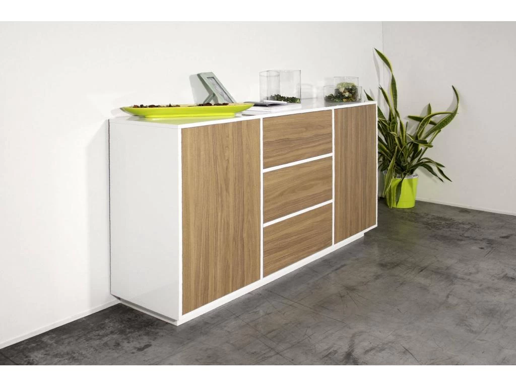 Placard Dmorac, Buffet De Cuisine Avec 2 Portes Et 3 Tiroirs, Buffet De Salon, 100% Made In Italy, 160x41h86 Cm, Blanc Brillant Et Noyer 4 Placard Dmorac, Buffet De Cuisine Avec 2 Portes Et 3 Tiroirs, Buffet De Salon, 100% Made In Italy, 160x41h86 Cm, Blanc Brillant Et Noyer – Image 2