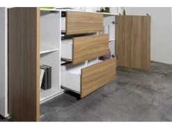 Placard Dmorac, Buffet De Cuisine Avec 2 Portes Et 3 Tiroirs, Buffet De Salon, 100% Made In Italy, 160x41h86 Cm, Blanc Brillant Et Noyer 10 Placard Dmorac, Buffet De Cuisine Avec 2 Portes Et 3 Tiroirs, Buffet De Salon, 100% Made In Italy, 160x41h86 Cm, Blanc Brillant Et Noyer -Magasin de meubles de restaurant buffet 22848185