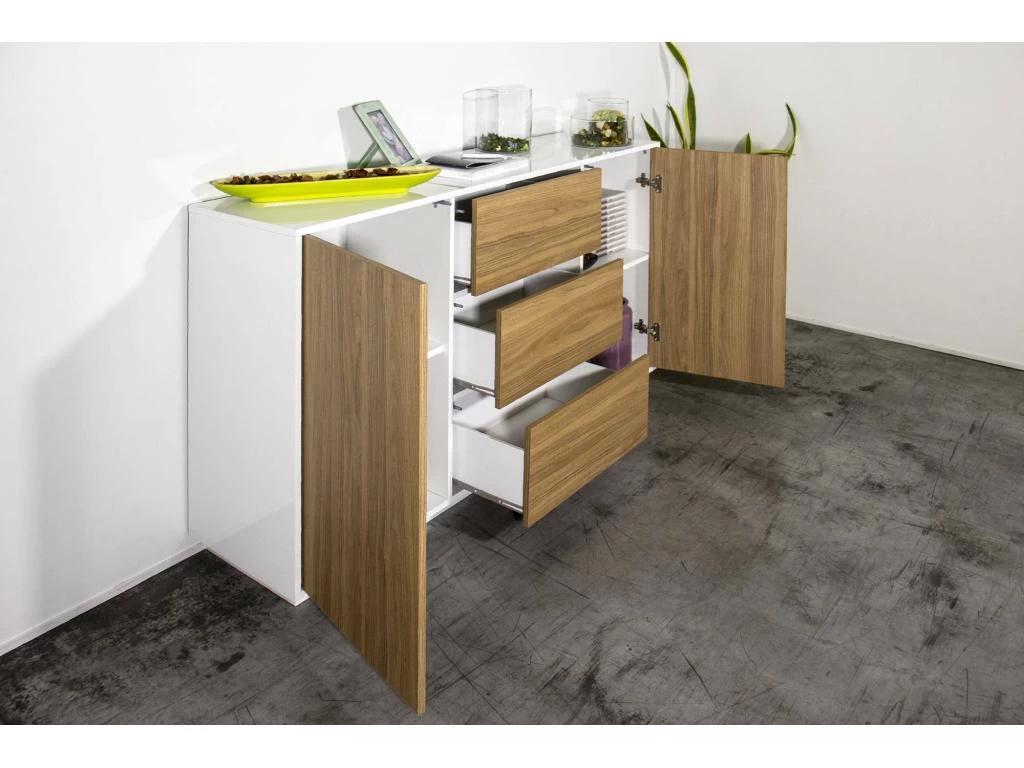 Placard Dmorac, Buffet De Cuisine Avec 2 Portes Et 3 Tiroirs, Buffet De Salon, 100% Made In Italy, 160x41h86 Cm, Blanc Brillant Et Noyer 7 Placard Dmorac, Buffet De Cuisine Avec 2 Portes Et 3 Tiroirs, Buffet De Salon, 100% Made In Italy, 160x41h86 Cm, Blanc Brillant Et Noyer – Image 5