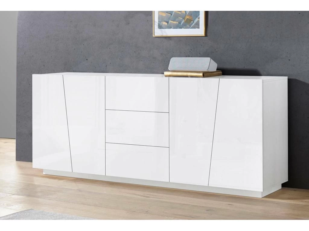 Placard Dmicill, Buffet De Cuisine Avec 4 Portes Et 3 Tiroirs, Buffet De Salon, 100% Made In Italy, Cm 220x43h86, Blanc Brillant 4 Placard Dmicill, Buffet De Cuisine Avec 4 Portes Et 3 Tiroirs, Buffet De Salon, 100% Made In Italy, Cm 220x43h86, Blanc Brillant – Image 2