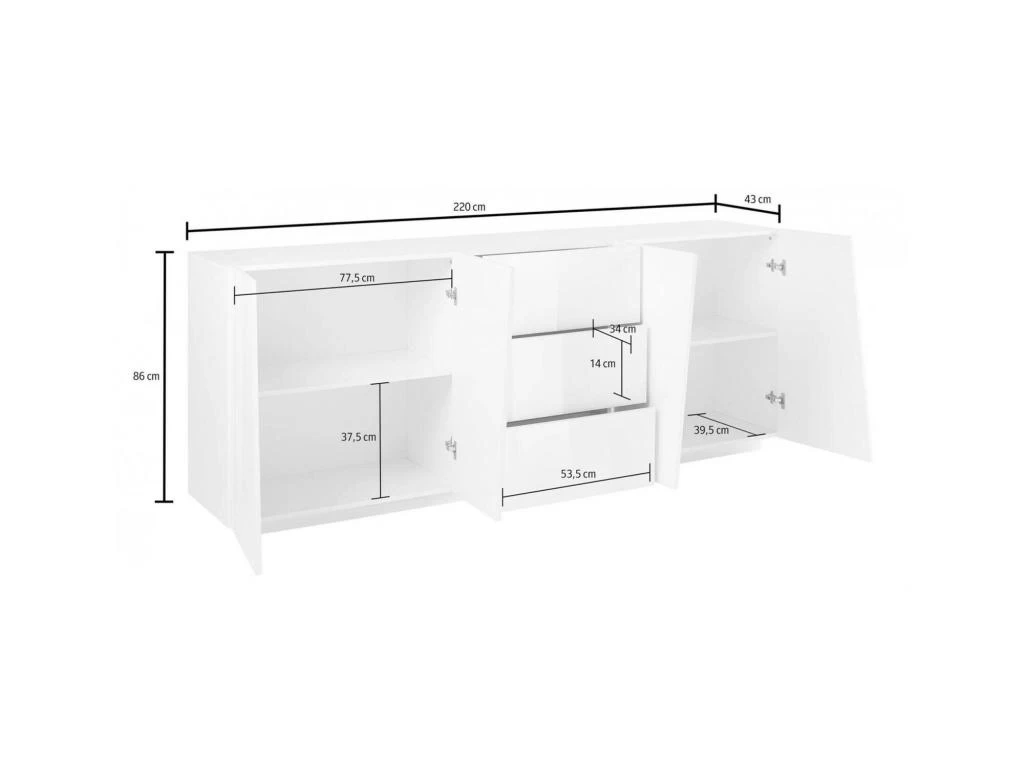Placard Dmicill, Buffet De Cuisine Avec 4 Portes Et 3 Tiroirs, Buffet De Salon, 100% Made In Italy, Cm 220x43h86, Blanc Brillant 5 Placard Dmicill, Buffet De Cuisine Avec 4 Portes Et 3 Tiroirs, Buffet De Salon, 100% Made In Italy, Cm 220x43h86, Blanc Brillant – Image 3