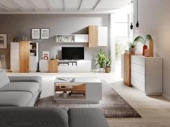 Buffet Haut FRANCOLI - 3 Portes Et 2 Niches - Blanc Et Chêne -Magasin de meubles de restaurant buffet 477471