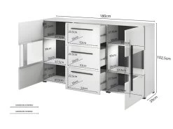 Buffet 180cm Collection BREDA Deux Portes Partiellement Vitrées Et Trois Tiroirs. Coloris Blanc.