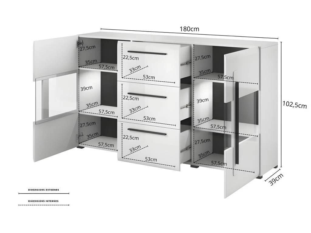 Buffet 180cm Collection BREDA Deux Portes Partiellement Vitrées Et Trois Tiroirs. Coloris Blanc. 3 Buffet 180cm Collection BREDA Deux Portes Partiellement Vitrées Et Trois Tiroirs. Coloris Blanc.