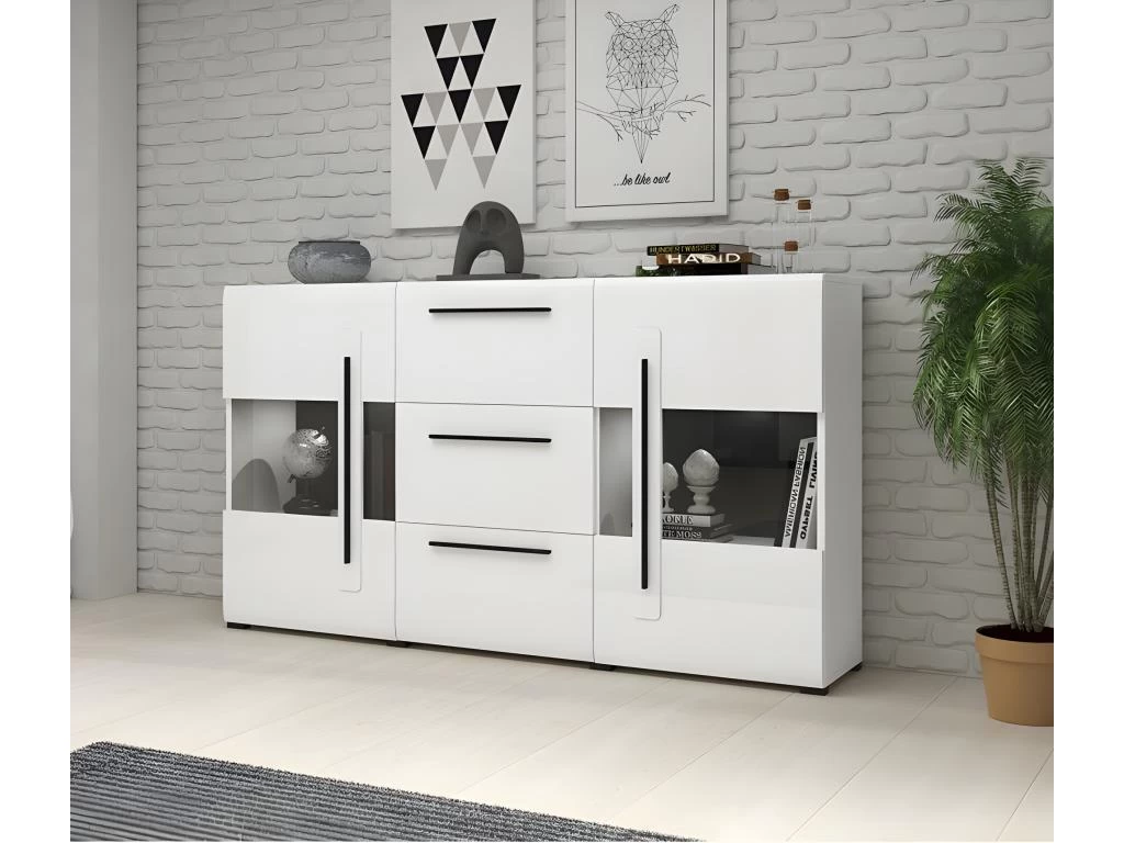 Buffet 180cm Collection BREDA Deux Portes Partiellement Vitrées Et Trois Tiroirs. Coloris Blanc. 5 Buffet 180cm Collection BREDA Deux Portes Partiellement Vitrées Et Trois Tiroirs. Coloris Blanc. – Image 3