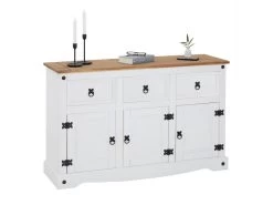 Buffet CAMPO Commode Bahut Vaisselier En Pin Massif Blanc Et Brun Avec 3 Tiroirs 3 Portes Meuble De Rangement Style Mexicain En Bois