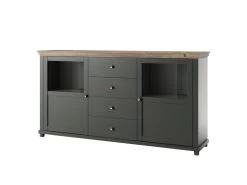 Buffet 180cm Avec LED Intégrées Collection ASSIA. Coloris Vert Et Chêne. 2 Portes Et 4 Tiroirs.