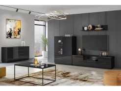 Buffet Haut Collection ZANTE. LED Intégrées. Coloris Noir Brillant Pailleté. -Magasin de meubles de restaurant buffet 8933931