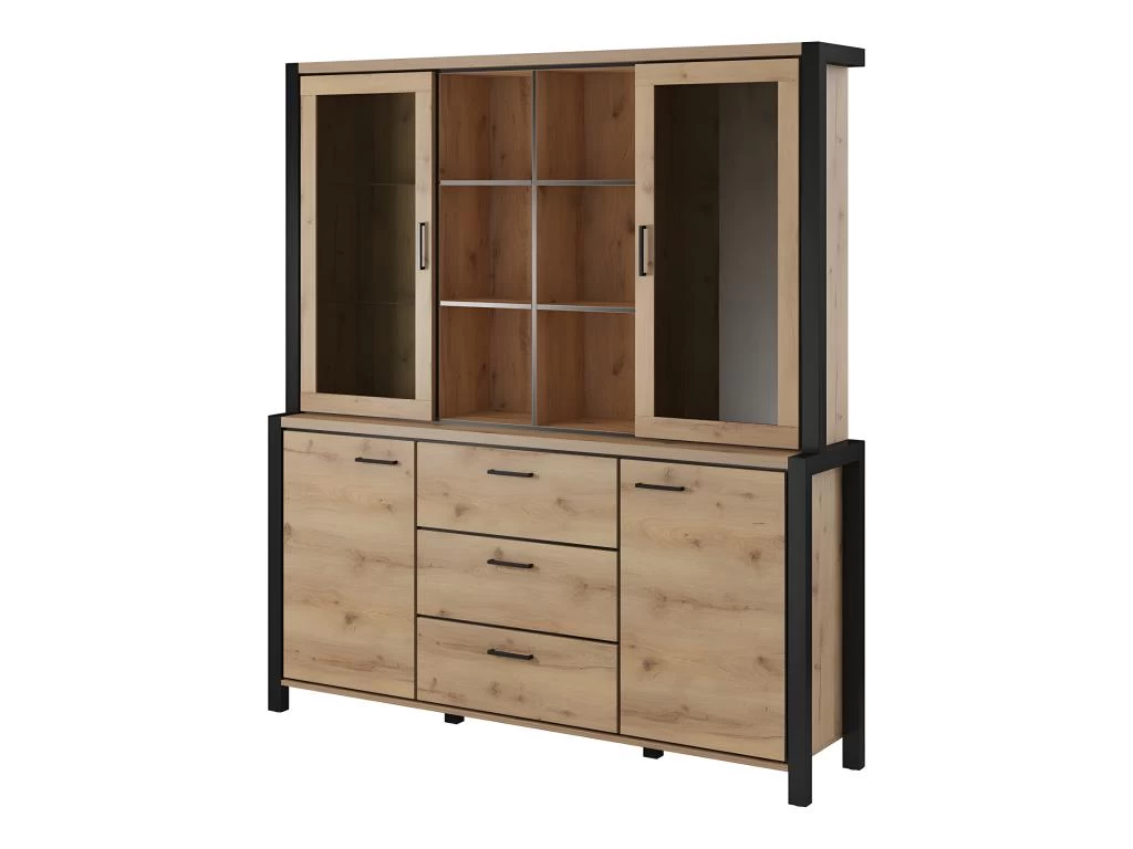 Ensemble Buffet Et Huche Avec éclairage LED Collection BOWIE. Meuble 4 Portes, 3 Tiroirs. Couleur Chêne Et Noir