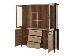 Ensemble Buffet Et Huche Avec éclairage LED Collection BOWIE. Meuble 4 Portes, 3 Tiroirs. Couleur Chêne Et Noir -Magasin de meubles de restaurant buffet 8934105