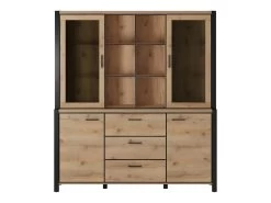 Ensemble Buffet Et Huche Avec éclairage LED Collection BOWIE. Meuble 4 Portes, 3 Tiroirs. Couleur Chêne Et Noir -Magasin de meubles de restaurant buffet 8934107