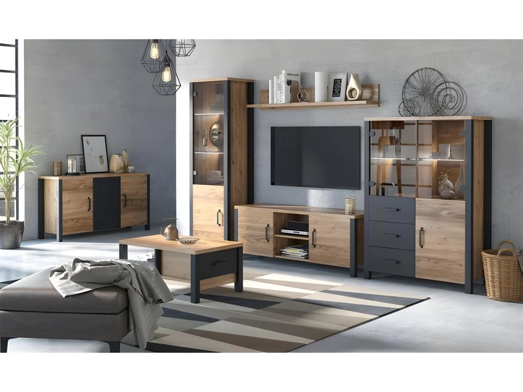 Buffet Haut Collection DARWIN. Couleur épicéa Et Noir. 3 Portes Et 3 Tiroirs. 6 Buffet Haut Collection DARWIN. Couleur épicéa Et Noir. 3 Portes Et 3 Tiroirs. – Image 4