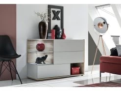 Buffet, Bahut, Enfilade KLIS Trois Portes Et Trois Niches. Coloris Gris Perle Et Chêne. Style Design.