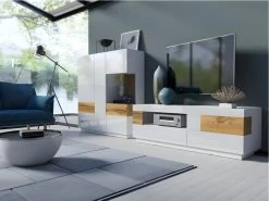 Buffet Haut KILES Trois Portes Avec LED. Coloris Blanc Et Chêne. Style Design -Magasin de meubles de restaurant buffet 8941605