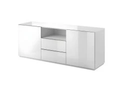 Buffet 180cm 2 Portes Et 2 Tiroirs Collection ZANTE. Coloris Blanc Brillant. LED Incluses