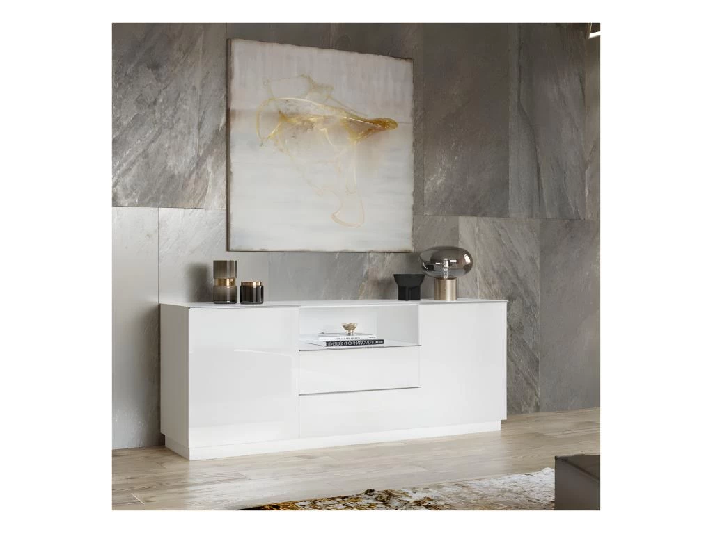 Buffet 180cm 2 Portes Et 2 Tiroirs Collection ZANTE. Coloris Blanc Brillant. LED Incluses 4 Buffet 180cm 2 Portes Et 2 Tiroirs Collection ZANTE. Coloris Blanc Brillant. LED Incluses â Image 2