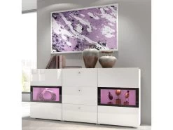 Buffet 2 Portes Et 3 Tiroirs Collection RAMOS. Éclairage LED Intégré. Coloris Blanc Brillant Et Noir