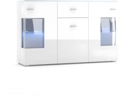 Buffet Design KIELS 150 Cm, 3 Portes Et 1 Tiroir, Coloris Blanc Brillant + éclairage LED.