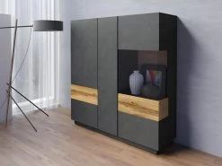 Buffet Haut KILES Trois Portes Avec LED. Coloris Gris Anthracite Et Chêne. Style Design -Magasin de meubles de restaurant buffet 8942717