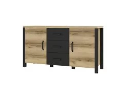 Buffet 150cm Collection DARWIN. Couleur Chêne Clair Et Noir. 2 Portes Et 3 Tiroirs