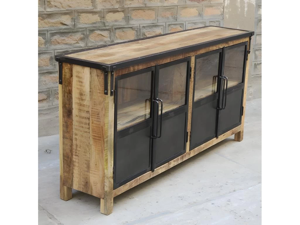 Buffet 4 Portes En Bois Massif Et Métal - Naturel 4 Buffet 4 Portes En Bois Massif Et Métal - Naturel – Image 2