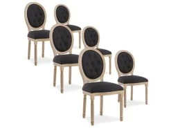 Lot De 6 Chaises Médaillon Capitonnées Louis XVI Tissu Noir