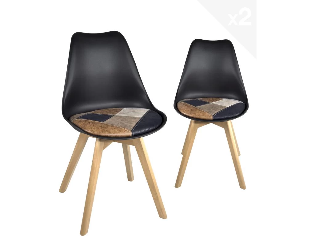 Lot 2 Chaises Scandinaves Coussin Patchwork LAO (Marron) 3 Lot 2 Chaises Scandinaves Coussin Patchwork LAO (Marron)