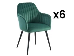 Lot De 6 Chaises Avec Accoudoirs En Velours Et Métal Noir - Vert - ELEANA