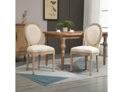 Lot De 2 Chaises De Salle à Manger - Chaise De Salon Médaillon Style Louis XVI - Bois Massif Sculpté, Patiné - Aspect Lin Beige