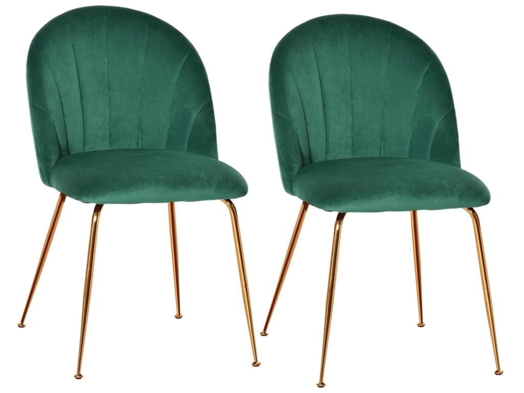 Lot De 2 Chaises Style Art-déco Dossier Strié Arrondi Piètement Métal Doré Incliné Effilé Velours Vert Sapin 4 Lot De 2 Chaises Style Art-déco Dossier Strié Arrondi Piètement Métal Doré Incliné Effilé Velours Vert Sapin – Image 2