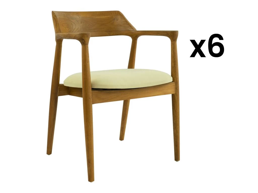 Lot De 6 Chaises Avec Accoudoirs En Teck Et Tissu - Naturel Et Crème - SOUADY 3 Lot De 6 Chaises Avec Accoudoirs En Teck Et Tissu - Naturel Et Crème - SOUADY