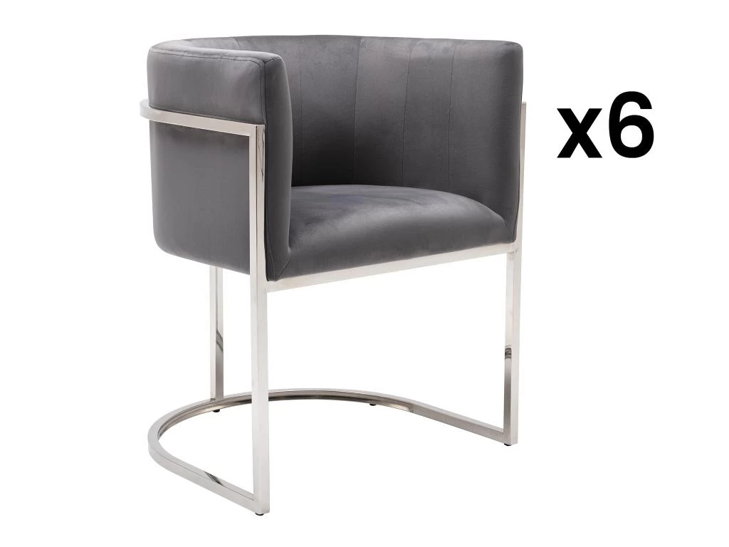 Lot De 6 Chaises Avec Accoudoirs - Velours Et Acier Inoxydable - Gris Et Chromé - PERIA De Pascal MORABITO 3 Lot De 6 Chaises Avec Accoudoirs - Velours Et Acier Inoxydable - Gris Et Chromé - PERIA De Pascal MORABITO