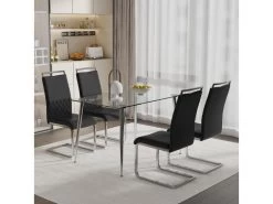 Lot De 4 Chaises De Salle à Manger - Dossier En Similicuir Et Lin - Noir