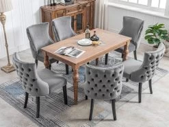 Lot De 6 Chaises De Salle à Manger En Velours - Cadre En Bois Massif - Gris