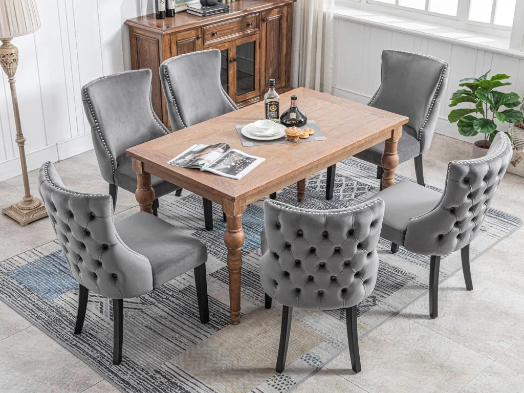 Lot De 6 Chaises De Salle à Manger En Velours - Cadre En Bois Massif - Gris 3 Lot De 6 Chaises De Salle à Manger En Velours - Cadre En Bois Massif - Gris