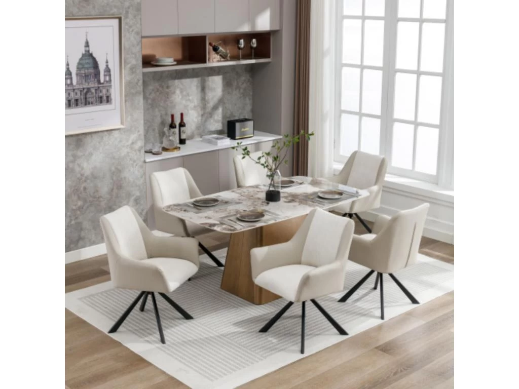 Lot De 6 Chaises En Velours Et Similicuir - Pieds En Métal - Beige 3 Lot De 6 Chaises En Velours Et Similicuir - Pieds En Métal - Beige