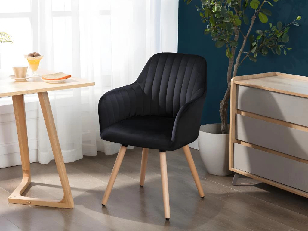 Chaise Avec Accoudoirs - Velours Et Métal Effet Bois - Noir - ELEANA 4 Chaise Avec Accoudoirs - Velours Et Métal Effet Bois - Noir - ELEANA – Image 2