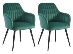 Lot De 2 Chaises Avec Accoudoirs En Velours Et Métal Noir - Vert - ELEANA