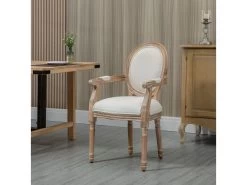 Chaise De Salle à Manger Chaise De Salon Médaillon Style Louis XVI Bois Hévéa Patiné Sculpté Tissu Beige