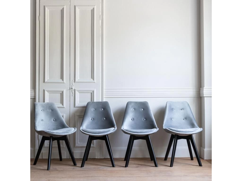 Lot De 4 Chaises En Velours NORA Grises Avec Coussin - HAPPY GARDEN 3 Lot De 4 Chaises En Velours NORA Grises Avec Coussin - HAPPY GARDEN