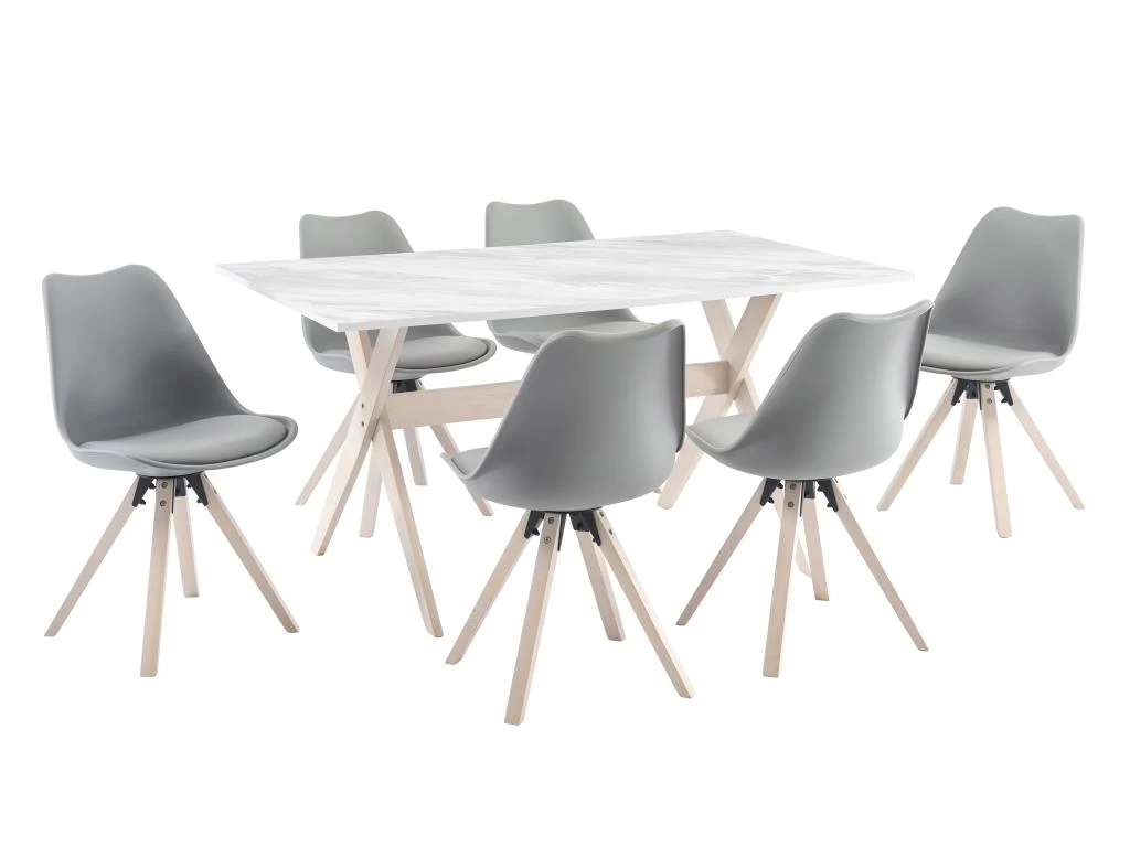 Ensemble Table + 6 Chaises - Blanc, Gris Et Naturel Clair - SERANI 4 Ensemble Table + 6 Chaises - Blanc, Gris Et Naturel Clair - SERANI – Image 2