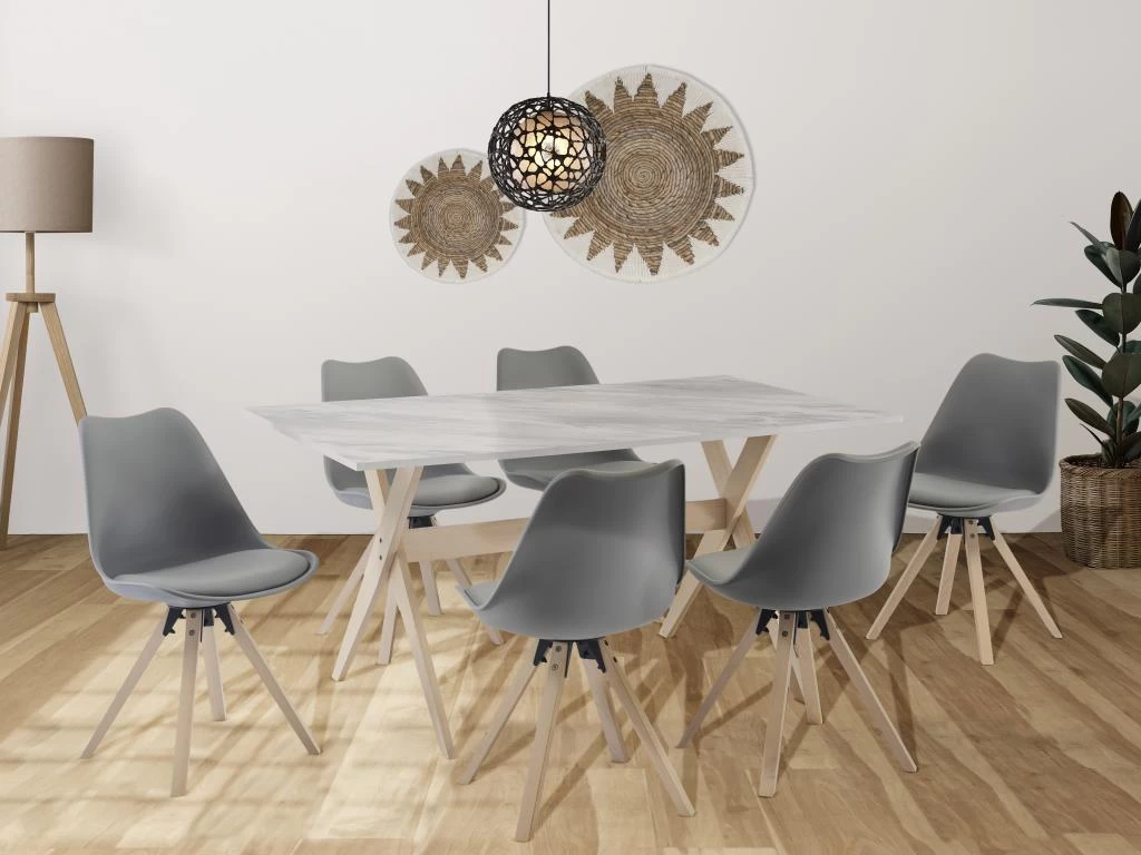 Ensemble Table + 6 Chaises - Blanc, Gris Et Naturel Clair - SERANI 3 Ensemble Table + 6 Chaises - Blanc, Gris Et Naturel Clair - SERANI