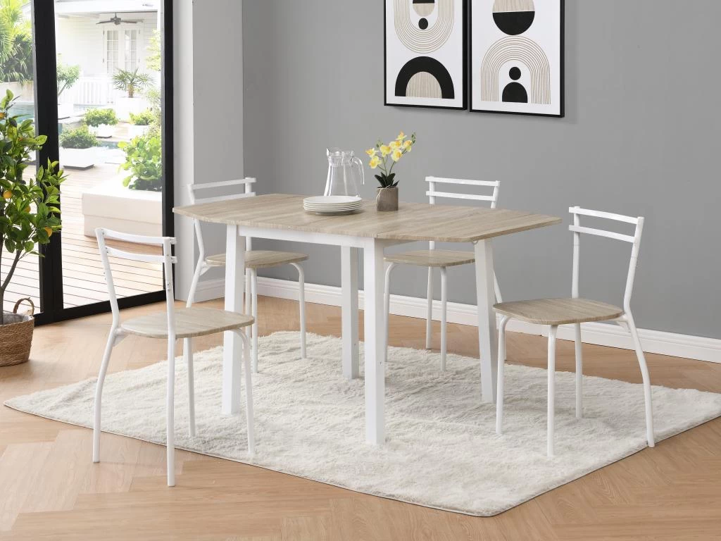 Ensemble Table + 4 Chaises En MDF Et Métal - Naturel Et Blanc - MAEWIN 3 Ensemble Table + 4 Chaises En MDF Et Métal - Naturel Et Blanc - MAEWIN