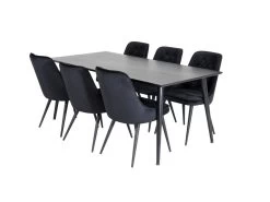 Dipp180x90BLBL Ensemble Table, Table Noir Et 6 Velvet Deluxe Chaises Velours Noir.