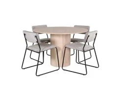 BiancaROWW Ensemble Table, Table Chêne Plaqué Blanc Washed Et 4 Kenth Chaises Velours Gris.